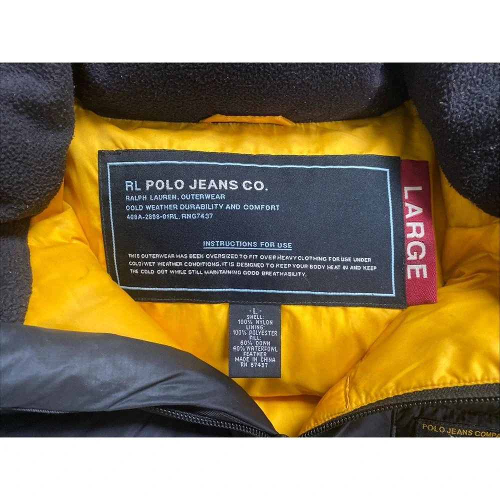 Vintage 90s Polo Ralph Lauren Down Puffer Jacket Large Black Spell Out Y2K